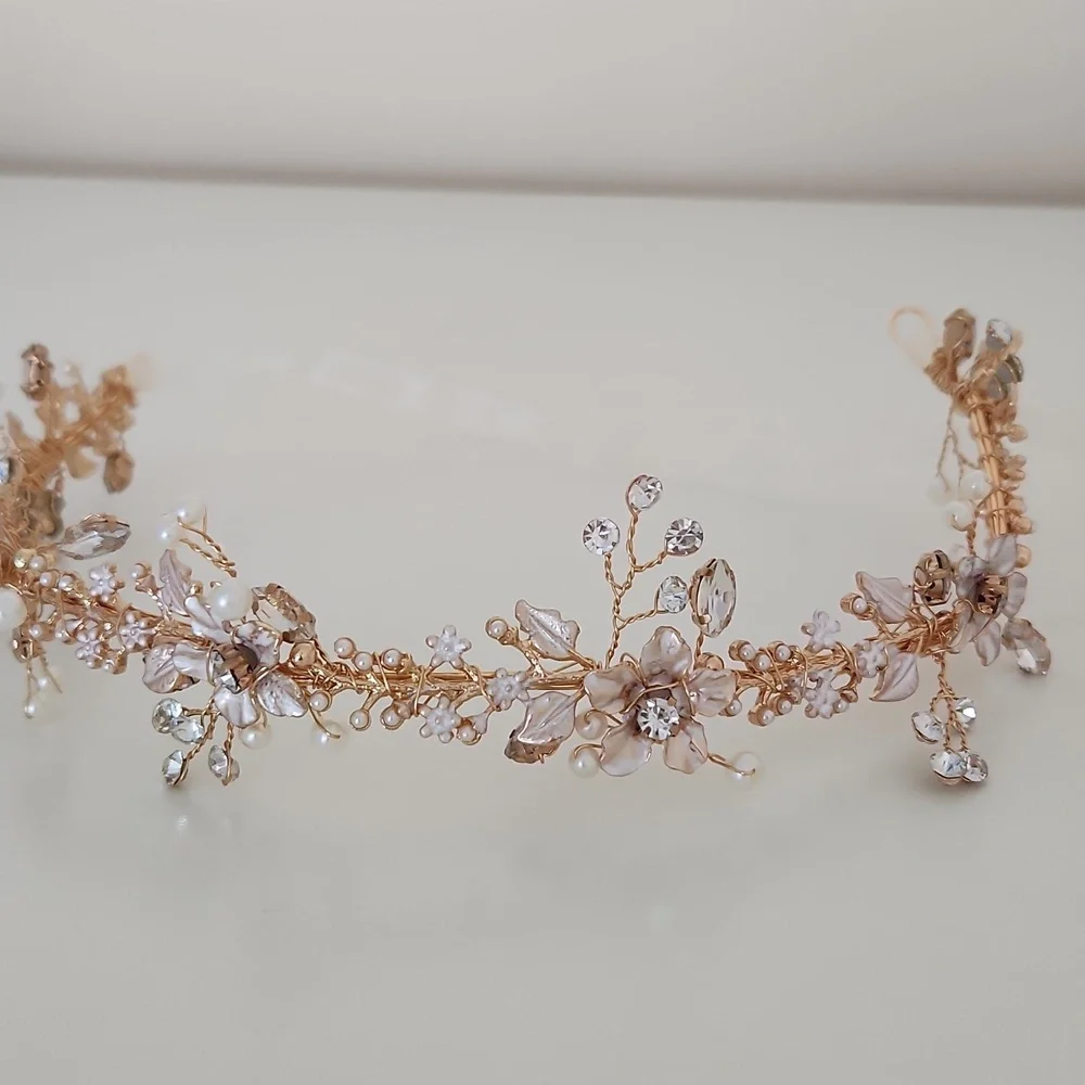 Vintage Style Forest Bridal Headband Crown Gold With Ribbons